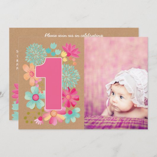 Meisjes 1e Verjaardag Feestnummer Foto Uitnodiging (Voorkant / Achterkant)