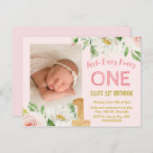 Meisjes 1e Verjaardag Fotouitnodiging, Uitnodiging Briefkaart (Voorkant / Achterkant)