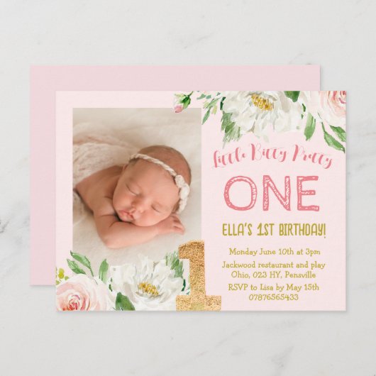 Meisjes 1e Verjaardag Fotouitnodiging, Uitnodiging Briefkaart (Voorkant / Achterkant)