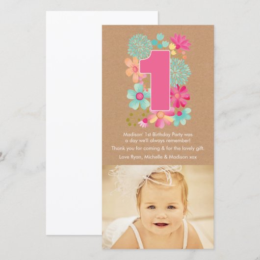 Meisjes 1e verjaardag nummer 1 dank u fotokaart bedankkaart (Voorkant / Achterkant)