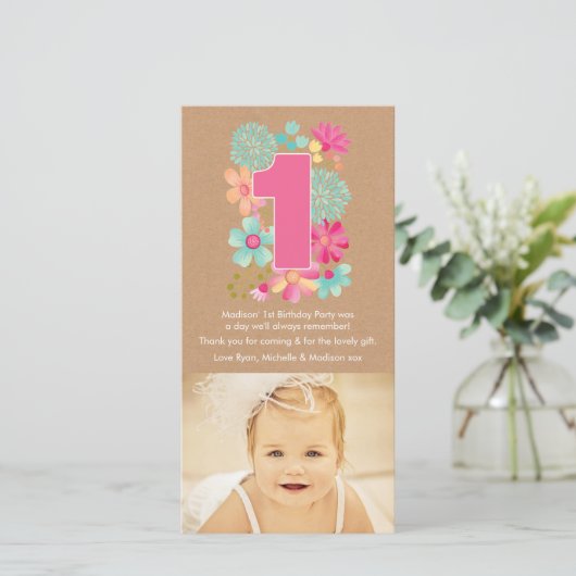 Meisjes 1e verjaardag nummer 1 dank u fotokaart bedankkaart (Staand voorkant)