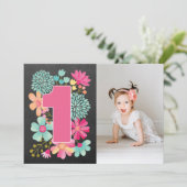 Meisjes 1e Verjaardag Nummer 1 Foto uitnodigen Kaart (Staand voorkant)
