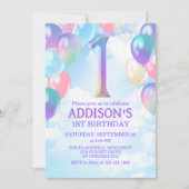 Meisjes 1e verjaardag regenboogballonnen uitnodigi kaart (Voorkant)