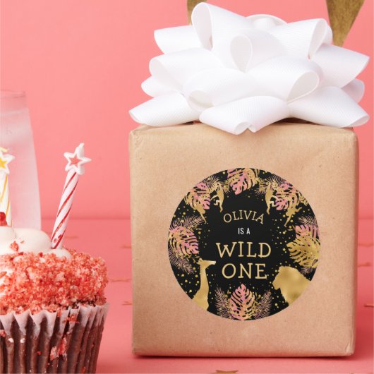 Meisjes 1e verjaardag Roze Gold Black Safari Ronde Sticker (Feest)