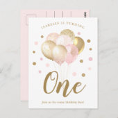 Meisjes 1e verjaardag roze goud glitter uitnodigin briefkaart (Voorkant / Achterkant)