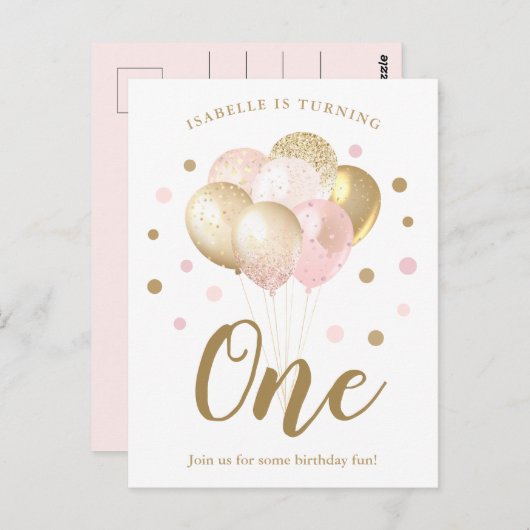 Meisjes 1e verjaardag roze goud glitter uitnodigin briefkaart (Voorkant / Achterkant)