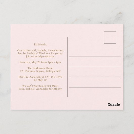 Meisjes 1e verjaardag roze goud glitter uitnodigin briefkaart (Achterkant)
