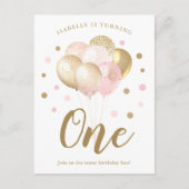 Meisjes 1e verjaardag roze goud glitter uitnodigin briefkaart (Voorkant)