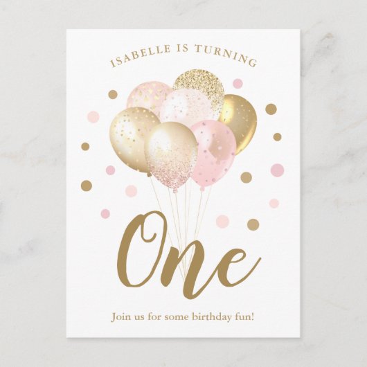Meisjes 1e verjaardag roze goud glitter uitnodigin briefkaart (Voorkant)