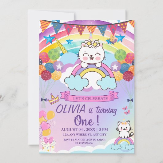 Meisje's 1e Verjaardag Schattigee Eenhoorn Kat Op  Kaart (Voorkant)