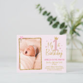 Meisjes 1e verjaardag uitnodiging, glitter uitnodi briefkaart (Staand voorkant)