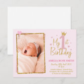 Meisjes 1e verjaardag uitnodiging, glitter uitnodi briefkaart (Voorkant / Achterkant)