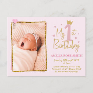 Meisjes 1e verjaardag uitnodiging, glitter uitnodi briefkaart