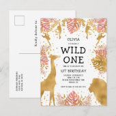 Meisjes 1e verjaardag van de roze gouden Safari Uitnodiging Briefkaart (Voorkant / Achterkant)