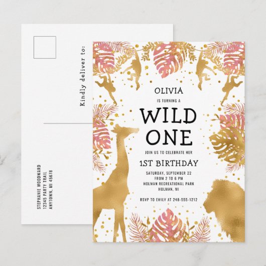 Meisjes 1e verjaardag van de roze gouden Safari Uitnodiging Briefkaart (Voorkant / Achterkant)