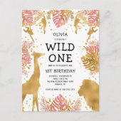 Meisjes 1e verjaardag van de roze gouden Safari Uitnodiging Briefkaart (Voorkant)