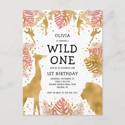 Meisjes 1e verjaardag van de roze gouden Safari Uitnodiging Briefkaart (Voorkant)