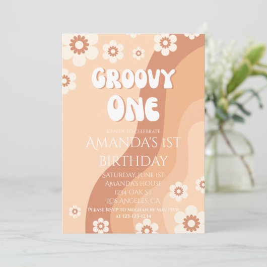 Meisjes 1e Verjaardagsfeestje Retro Neutral Groovy Kaart (Staand voorkant)