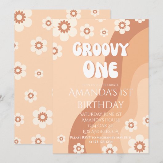 Meisjes 1e Verjaardagsfeestje Retro Neutral Groovy Kaart (Voorkant / Achterkant)