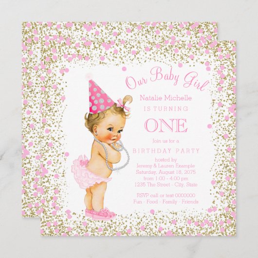 Meisjes 1e verjaardagsfeestje roze goud glitter kaart (Voorkant / Achterkant)