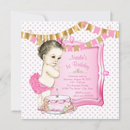Meisjes 1st Birthday Pink en Gold Kaart (Voorkant)
