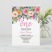 Meisjes 1ste verjaardag nodigt roze bloem uit kaart (Staand voorkant)