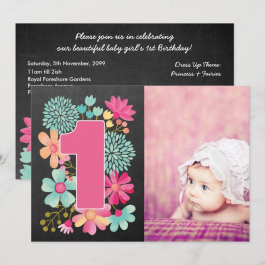 Meisjes 1ste verjaardag nummer 1 Fotouitnodiging Kaart (Voorkant / Achterkant)