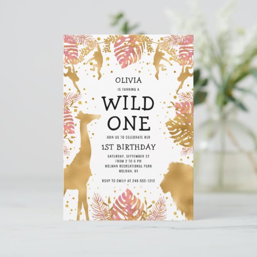 Meisjes 1ste verjaardag Roze Gold Safari Kaart (Staand voorkant)