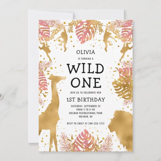 Meisjes 1ste verjaardag Roze Gold Safari Kaart (Voorkant)