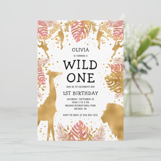 Meisjes 1ste verjaardag Roze Gold Safari Kaart (Staand voorkant)