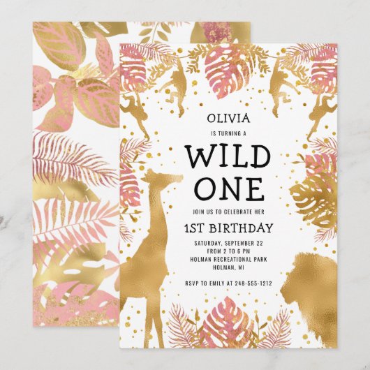 Meisjes 1ste verjaardag Roze Gold Safari Kaart (Voorkant / Achterkant)