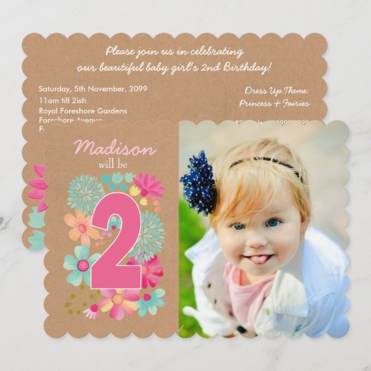 Meisjes 2e verjaardag Fotouitnodiging Kaart (Voorkant / Achterkant)