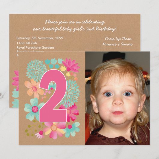 Meisjes 2e verjaardag Fotouitnodiging Kaart (Voorkant / Achterkant)