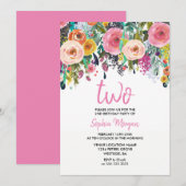 Meisjes 2e verjaardag nodigt roze bloem uit kaart (Voorkant / Achterkant)