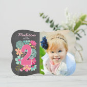 Meisjes 2e Verjaardag Party Nummer Foto Uitnodigin Kaart (Staand voorkant)