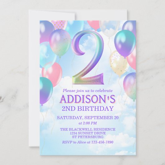 Meisjes 2e verjaardag Rainbow Balloons Uitnodiging (Voorkant)