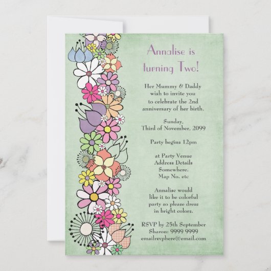 Meisjes 2e verjaardag Uitnodiging voor Aangepaste  (Achterkant)