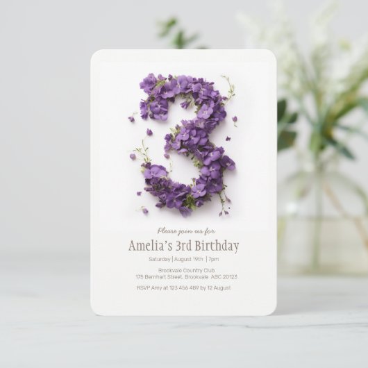 Meisjes 3e verjaardag bloemenuitnodiging kaart (Staand voorkant)