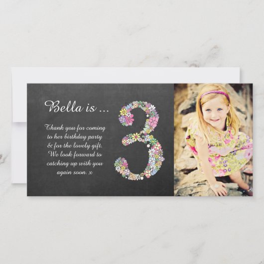 Meisjes 3e verjaardag bloemkaart bedank foto kaart (Voorkant)