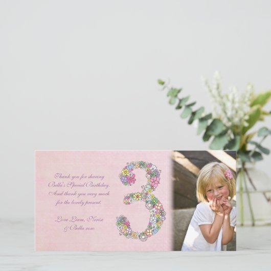 Meisjes 3e verjaardag Dank je foto Bedankkaart (Staand voorkant)