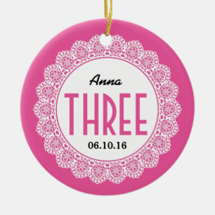 Meisjes 3e verjaardag Memento Pink met Lace B03 Keramisch Ornament