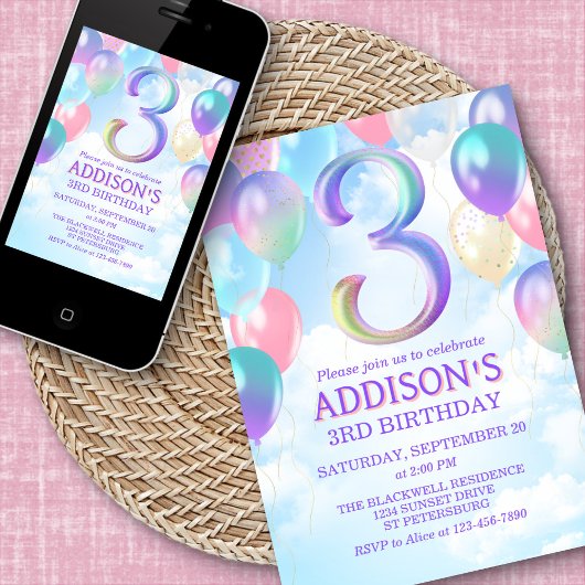 Meisjes 3e verjaardag Rainbow Balloons Uitnodiging