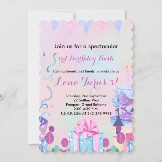 Meisjes 3e verjaardagsfeest kaart (Voorkant)