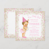 Meisjes 3e verjaardagsfeest roze gouden glitter kaart (Voorkant / Achterkant)