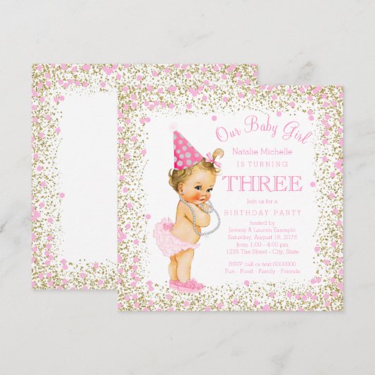 Meisjes 3e verjaardagsfeest roze gouden glitter kaart (Voorkant / Achterkant)