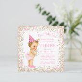 Meisjes 3e verjaardagsfeest roze gouden glitter kaart (Staand voorkant)