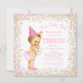 Meisjes 3e verjaardagsfeest roze gouden glitter kaart (Voorkant)