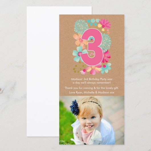 Meisjes 3RD Birthday Nummer 3 Dank je wel Bedankkaart (Voorkant / Achterkant)