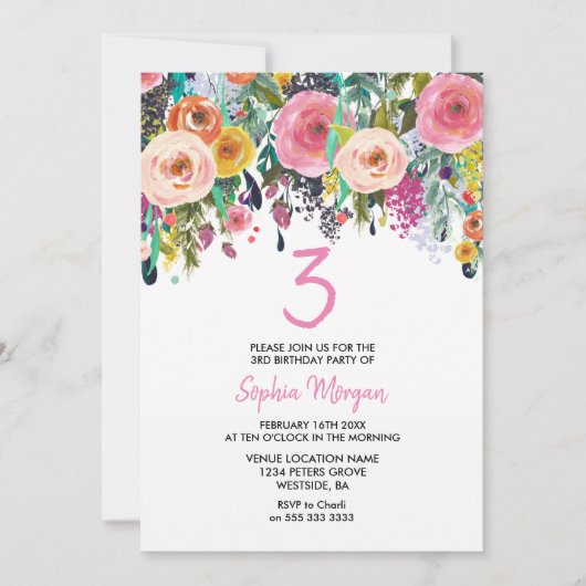 Meisjes 3rd Birthday Party nodigt roze bloemperk u Kaart (Voorkant)
