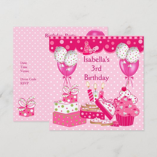 Meisjes 3rd Birthday Party Pink Spot Cake 3 Kaart (Voorkant / Achterkant)